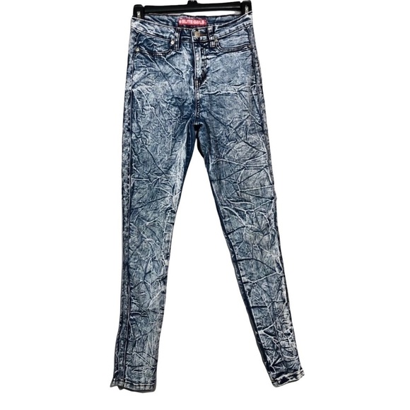 Elite Girls Skinny Jeans Size 14 Extreme Acid Wash Dyed Blue Hippie Torn Ripped - Picture 1 of 10